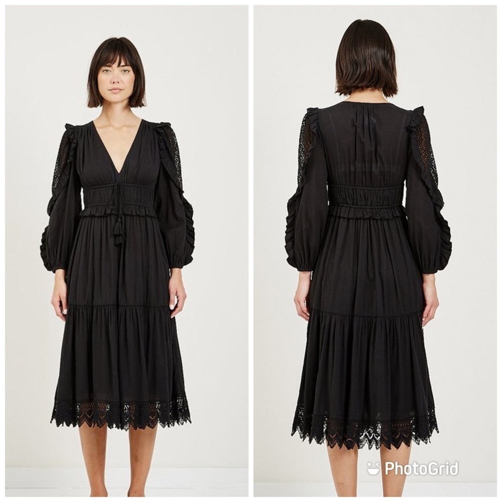 Ulla Johnson Sheila Dress Black Ruffle Midi Long Sleeve Embroidered Dress Sz 8